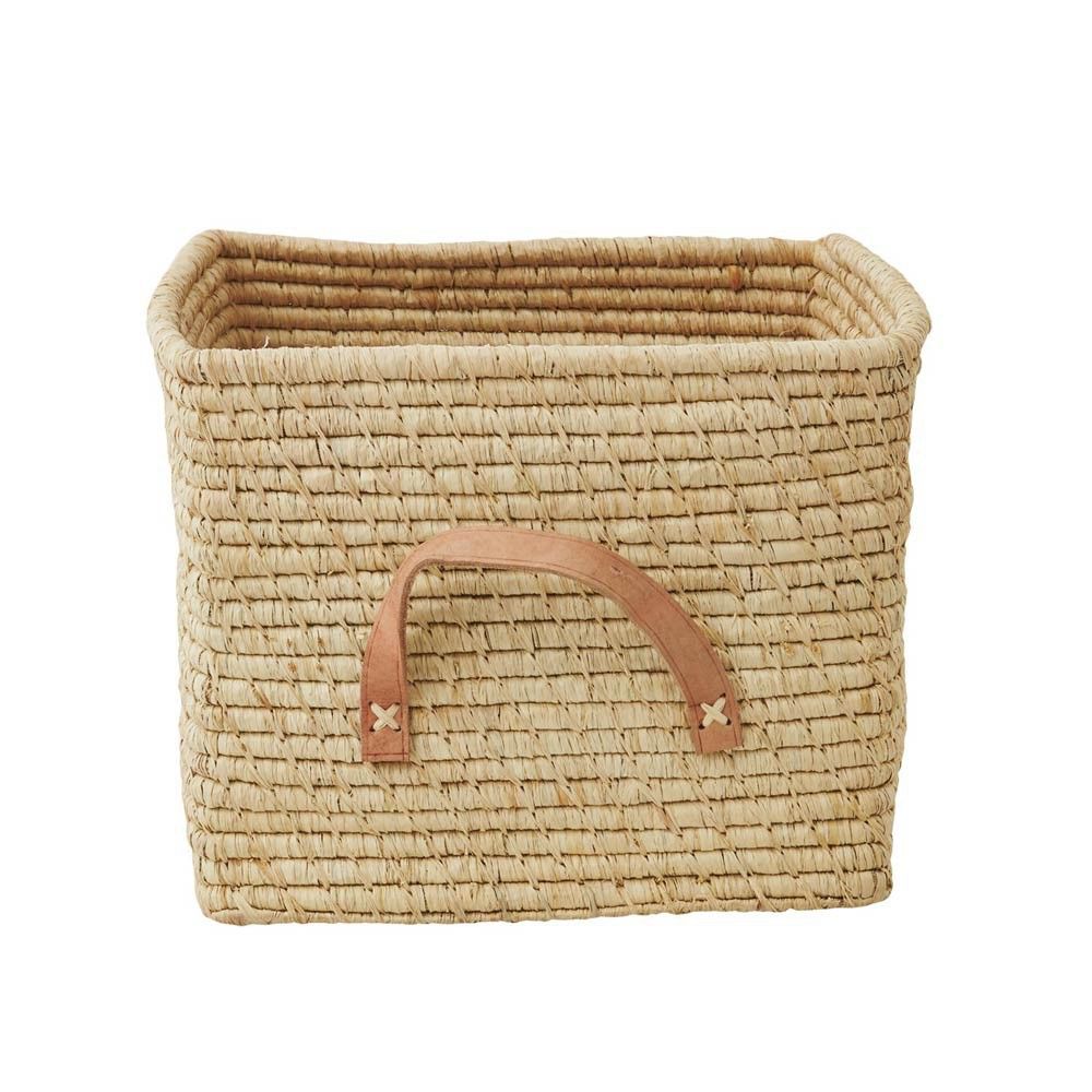 Small Square basket in Raffia with Leather hands Natural Rice