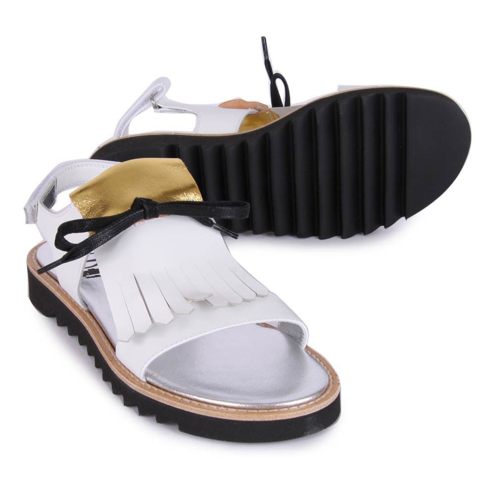 Black Soled Fringed Velcro Leather Sandals White Gallucci Shoes